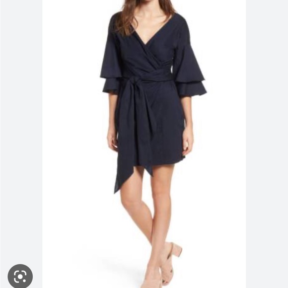 Wayf Navy Wrap Dress with Ruffle Sleeve - Picture 1 of 6